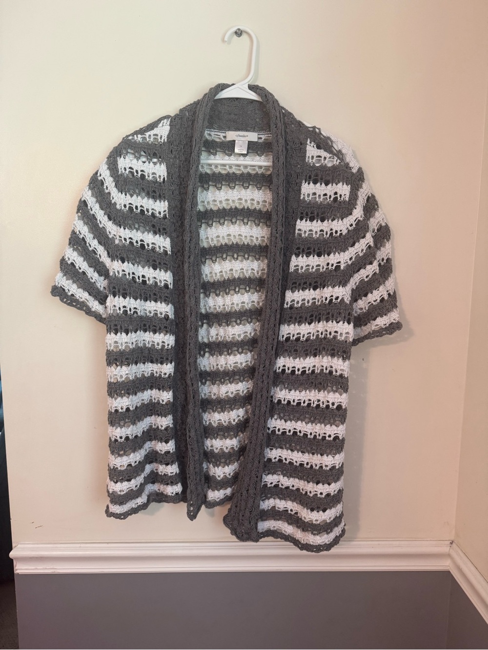 CJ Banks Gray & White Striped Open-Front Crochet Short Sleeve Cardigan size 1X